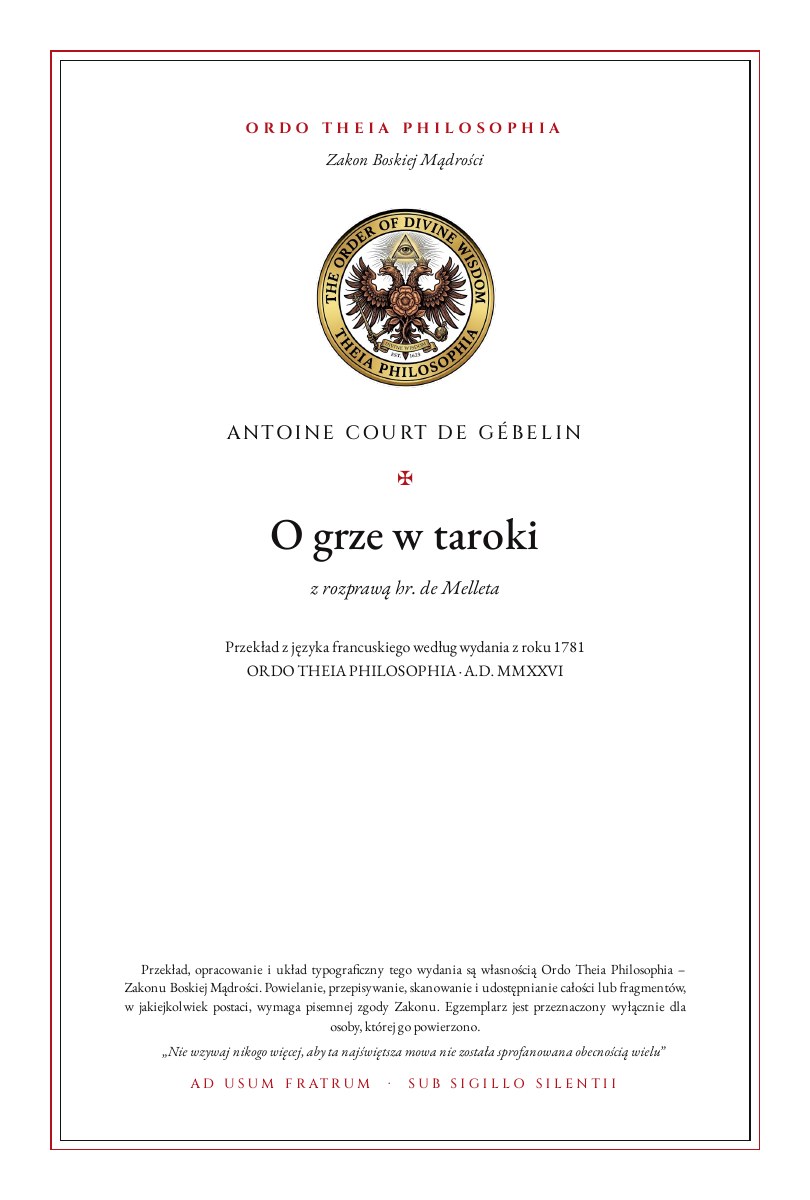 Pierwsza strona: O grze w taroki – Antoine Court de Gébelin