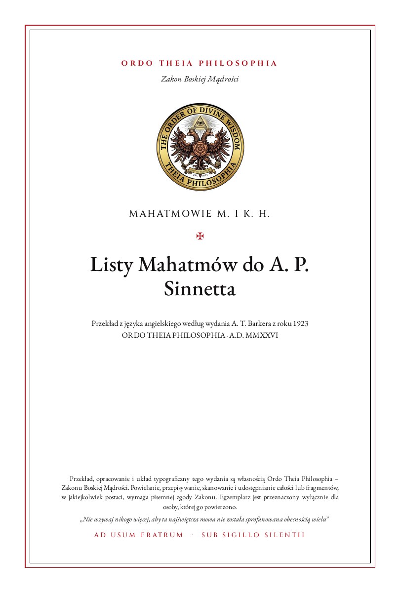 Pierwsza strona: Listy Mahatmów do A. P. Sinnetta – Mahatmowie M. i K. H. (przypisywane); zebrał i wydał A. Trevor Barker