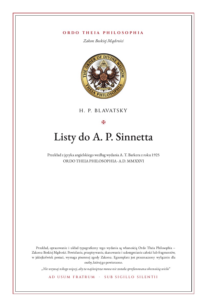 Pierwsza strona: Listy do A. P. Sinnetta – Helena Petrovna Blavatsky; zebrał i wydał A. Trevor Barker
