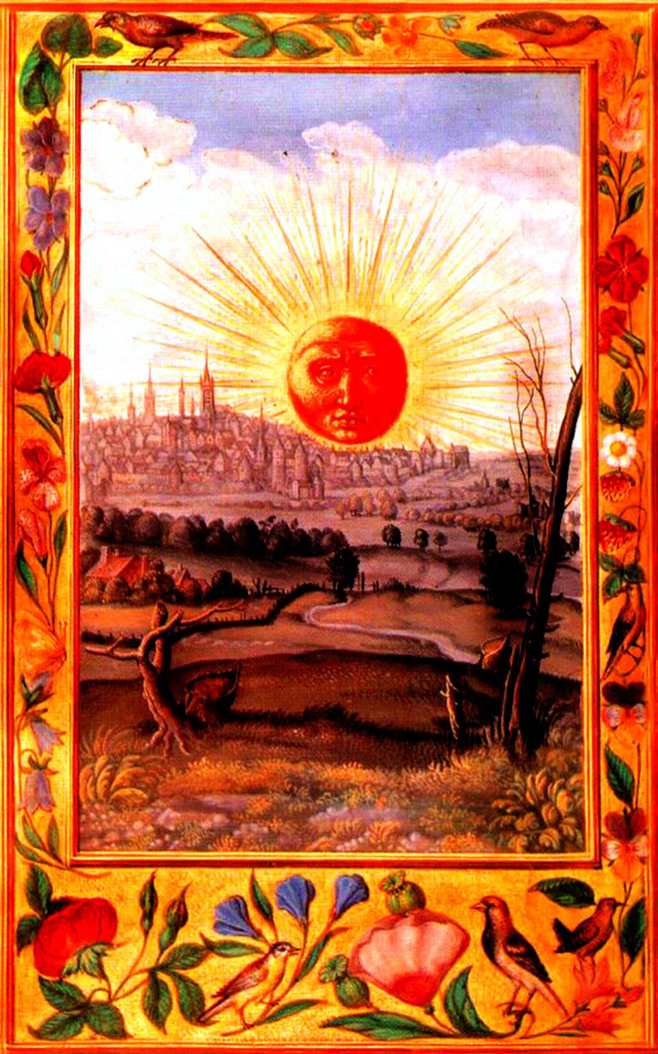 Słońce wschodzące nad miastem, „Splendor Solis”, 1582, British Library