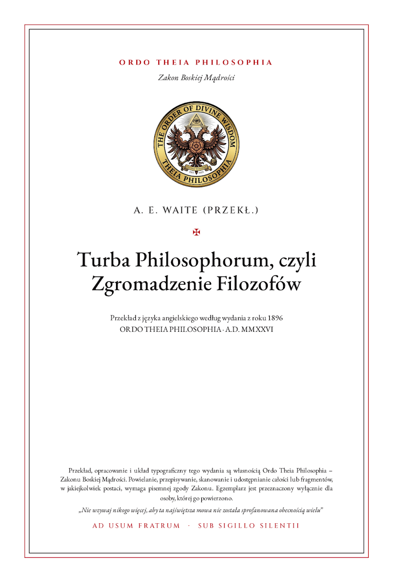 Pierwsza strona: Turba Philosophorum, czyli Zgromadzenie Filozofów – autor anonimowy (oryginał arabski, ok. 900); przekład angielski Arthur Edward Waite