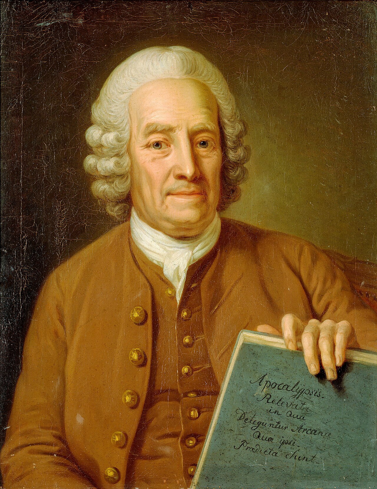Emanuel Swedenborg z rękopisem „Apocalypsis Revelata” - domena publiczna