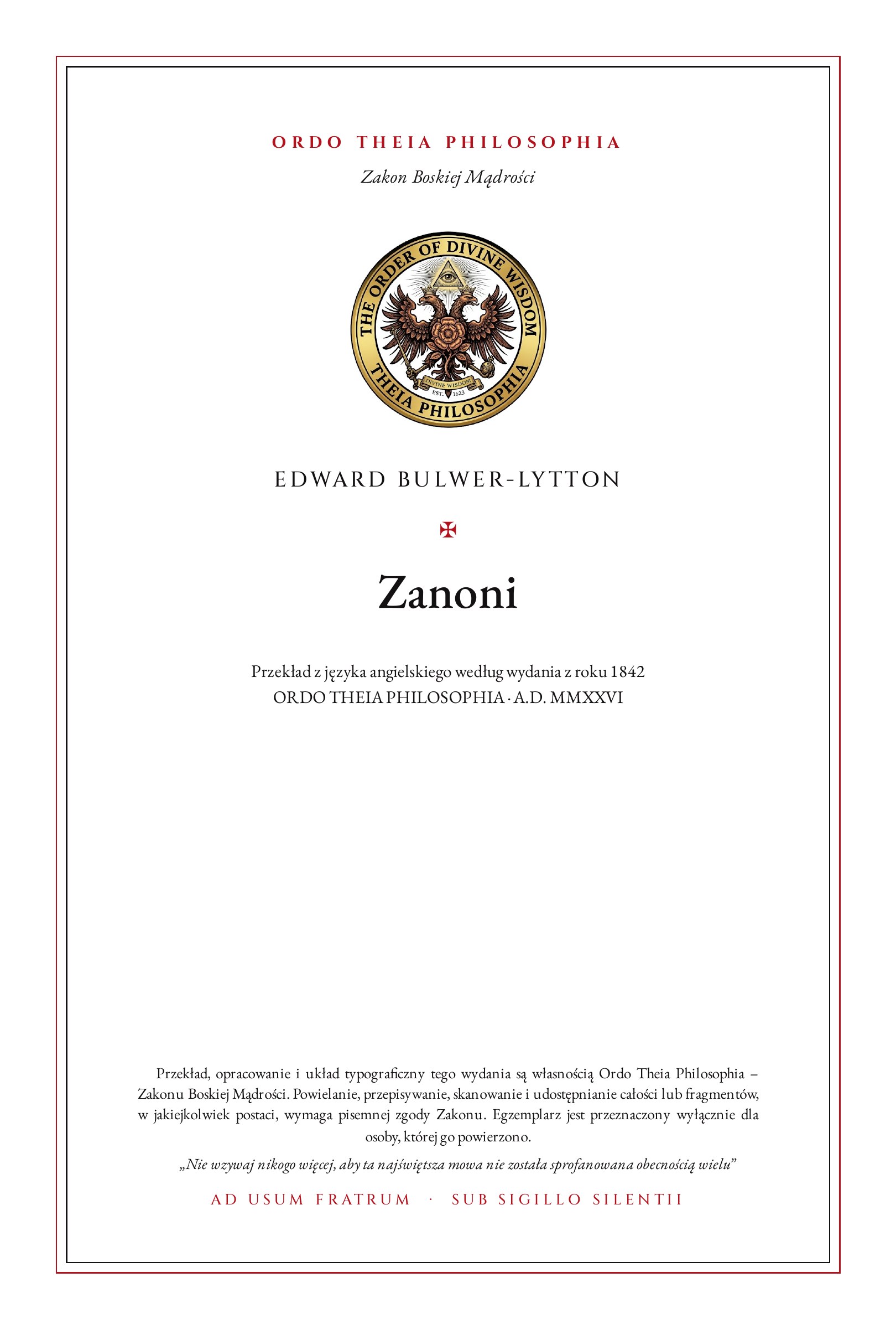 Pierwsza strona: Zanoni – Edward Bulwer-Lytton