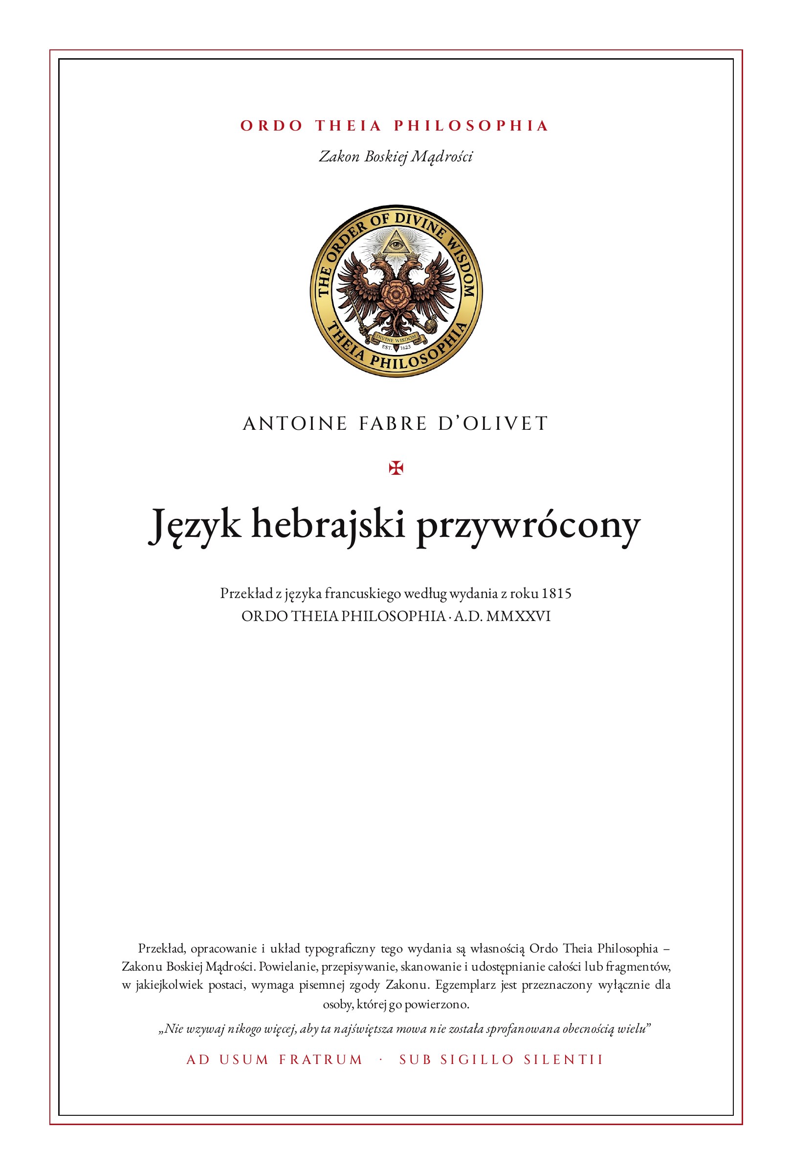 Pierwsza strona: Język hebrajski przywrócony – Antoine Fabre d’Olivet