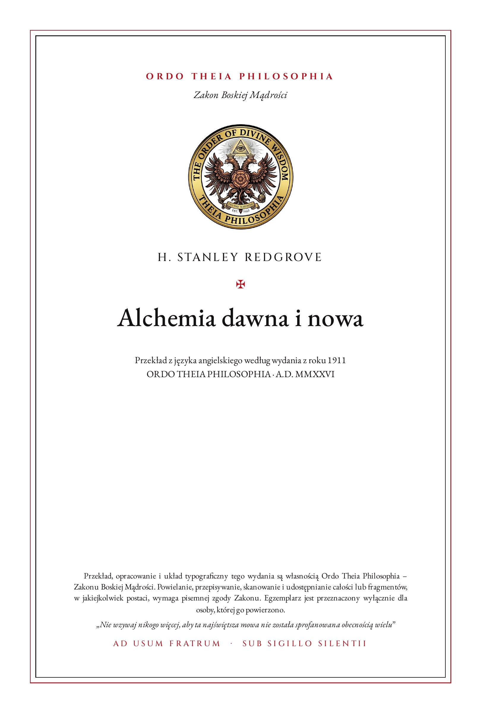 Pierwsza strona: Alchemia dawna i nowa – Herbert Stanley Redgrove