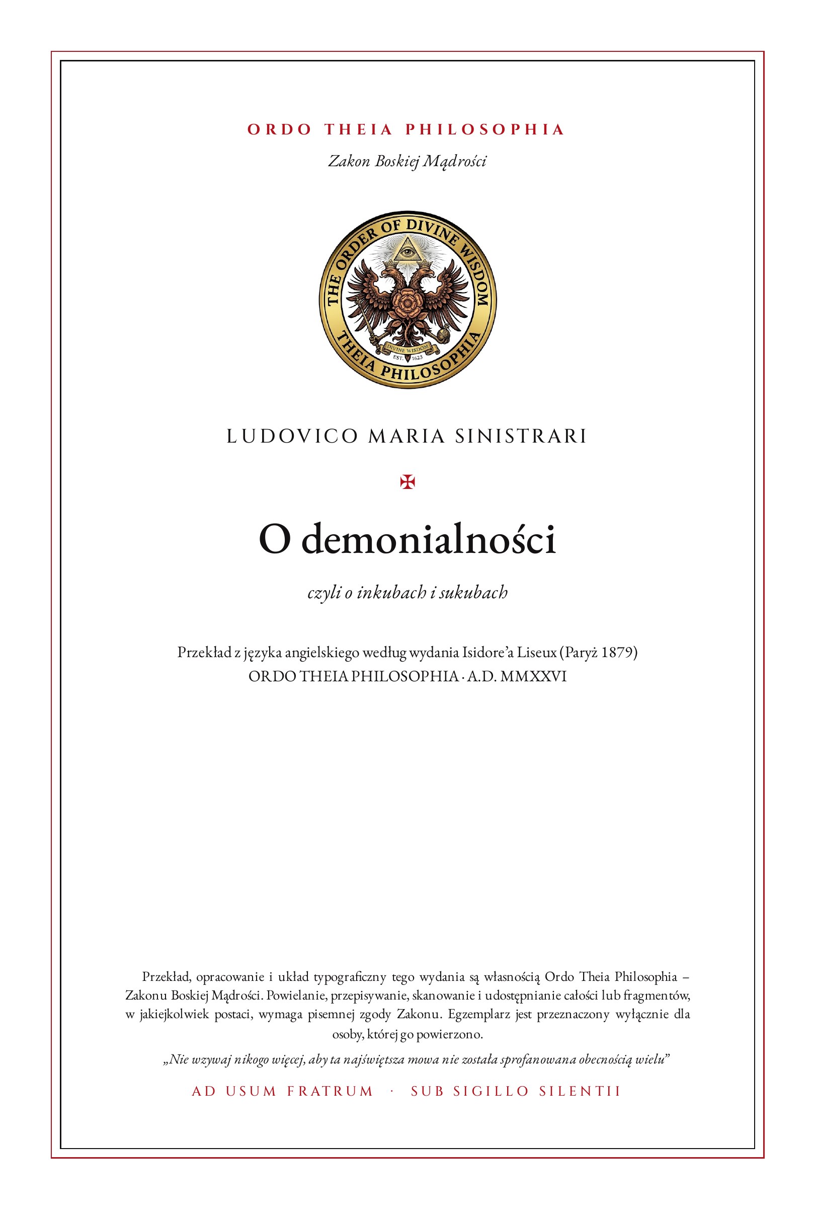 Pierwsza strona: O demonialności – Ludovico Maria Sinistrari