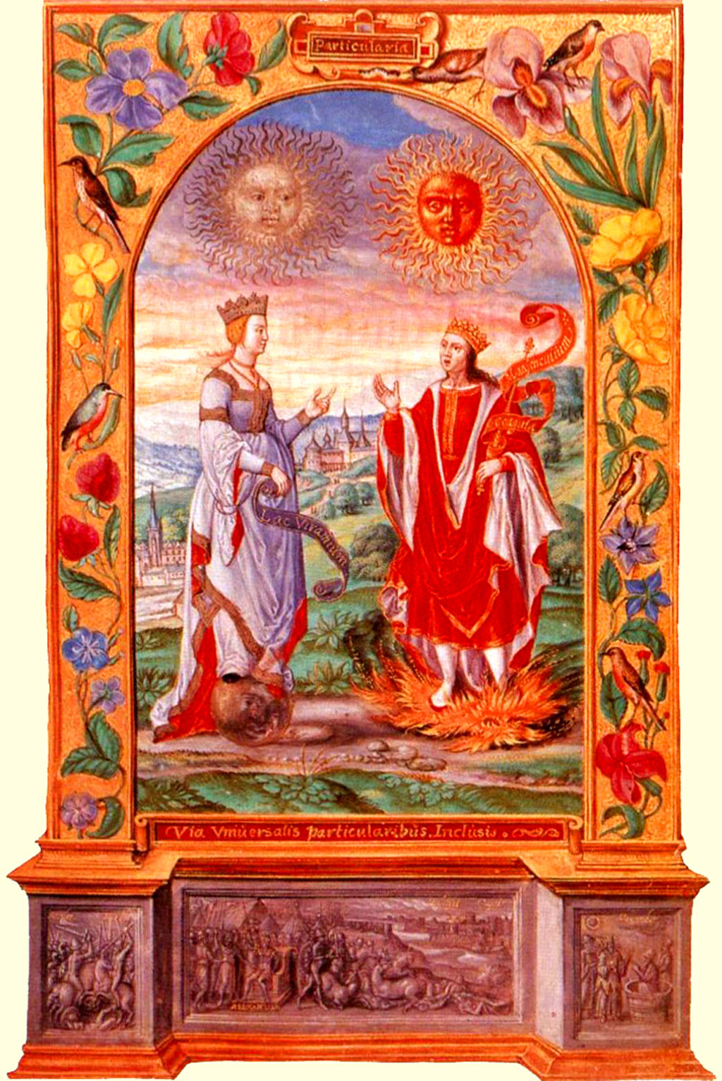 Miniatura z traktatu Splendor Solis: Król Słońca i Królowa Księżyca spotykają się pod podwójnym słońcem, w ramie z malarstwa kwiatowego