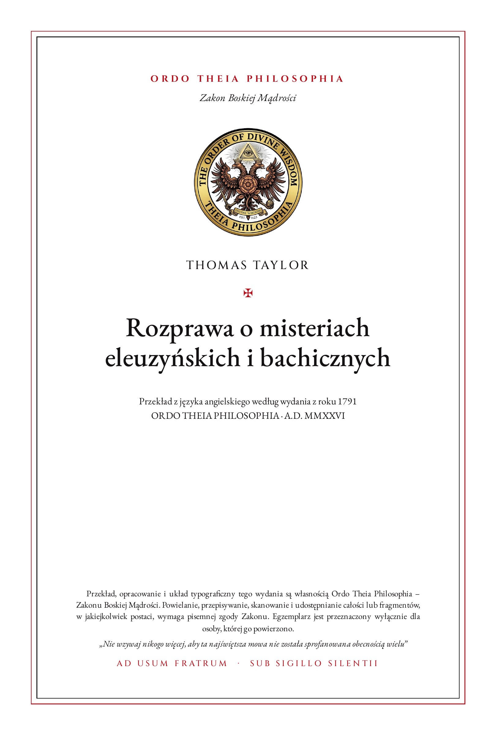 Pierwsza strona: Rozprawa o misteriach eleuzyńskich i bachicznych – Thomas Taylor