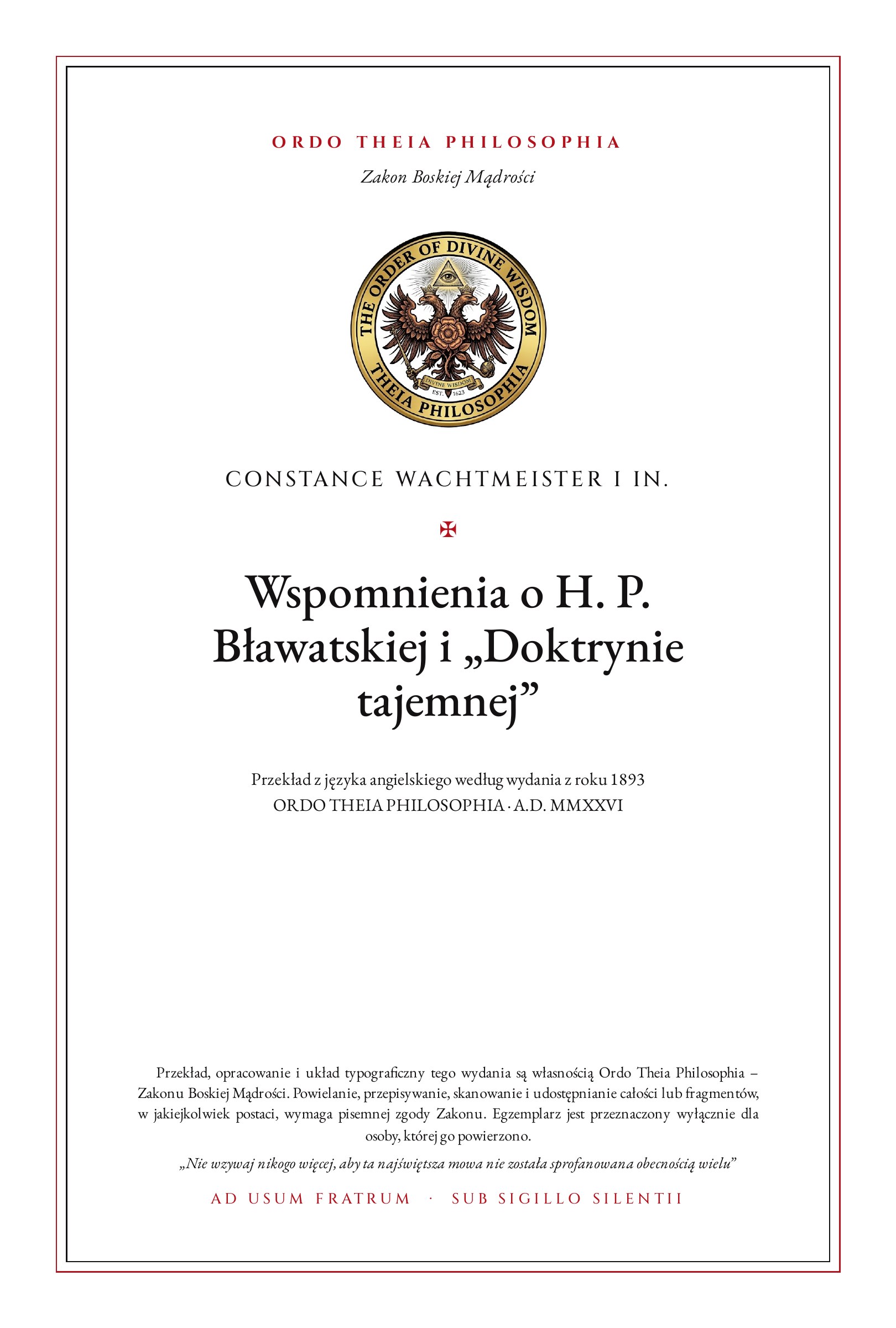 Pierwsza strona: Wspomnienia o H. P. Bławatskiej i „Doktrynie tajemnej” – Constance Wachtmeister i in.