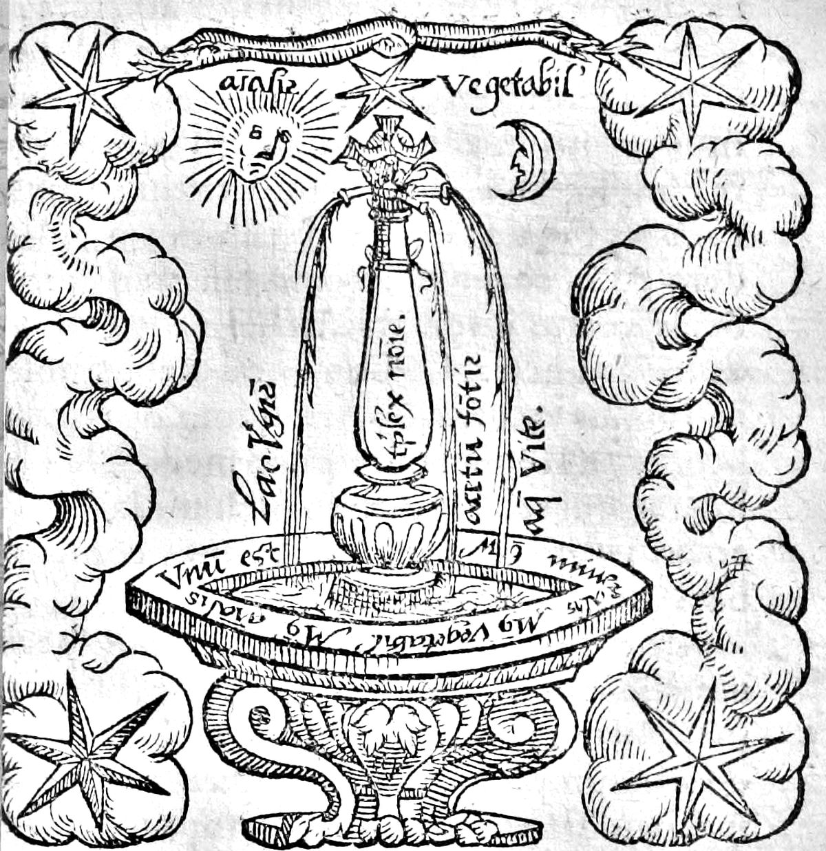 Drzeworyt: sześciokątna fontanna na nóżkach z wysoką kolumną, z której trzema strugami spływa woda do misy z napisem Unus est Mercurius mineralis, Mercurius vegetabilis, Mercurius animalis; na strugach napisy Lac virginis, Acetum fontis, Aqua vitae; nad fontanną dwugłowy wąż i gwiazda, po lewej Słońce, po prawej Księżyc, w rogach gwiazdy w obłokach